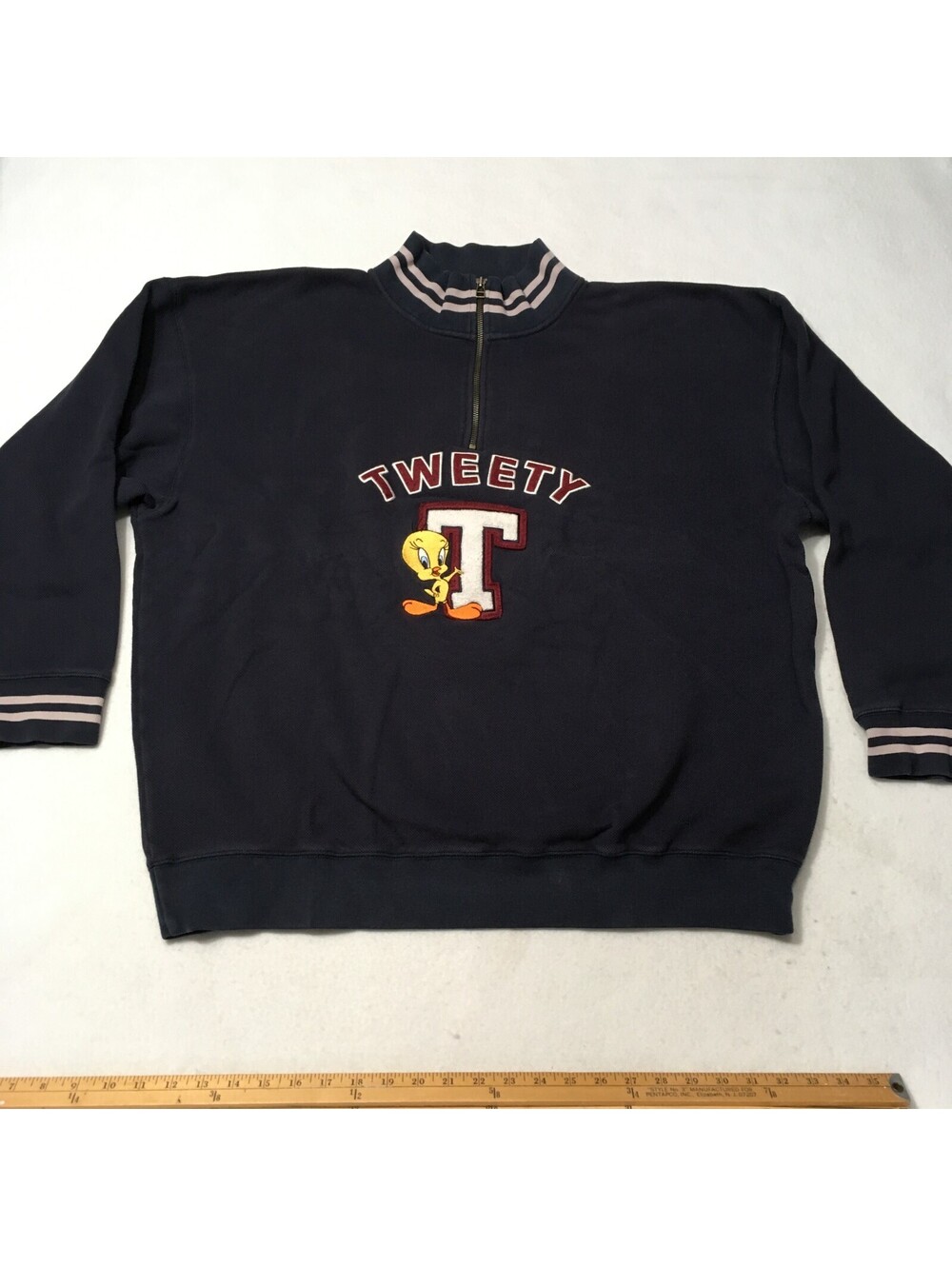 Vintage 1/4 ZIP 90's WARNER BROS Tweety Bird Blue Pullover Sweatshirt 2XL